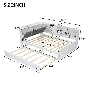 Gulches Wood Full Size Platform Bed with Trundle, Storage Headboard and Built-in Shelves, White - Sturdy Solid Pine Wood Frame for Bedroom - 1 of 4