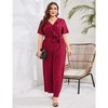 Women Plus Size Ruffle V Neck Short Sleeve Wide Leg Jumpsuits Summer Casual Belted Rompers - 3 of 4