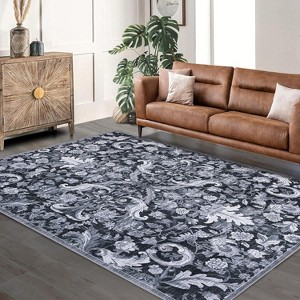 Acekool Traditional Foldable Washable Area Rug, 5'x7' Thin Retro Floral Non-Slip Carpet Mat, Dark Green, Indoor Accent for Living Room & Bedroom - 1 of 4