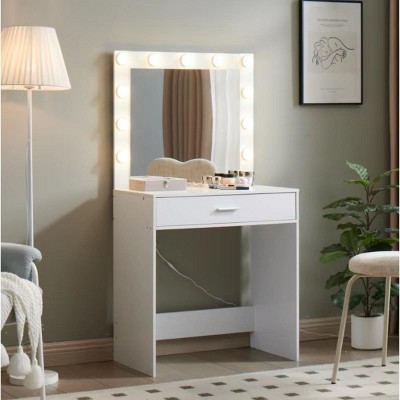 KTMBDW Makeup Vanity Desk with Mirror and Lights, Small Vanity with Storage Drawer, White Vanity with LED 3 Lighting Modes for Bedroom