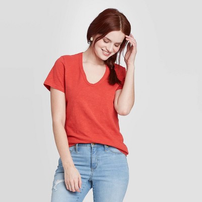 red v neck shirt women's