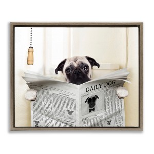 Stupell Industries Pug Reading Newspaper in Bathroom Floating Frame Canvas Art - 1 of 4