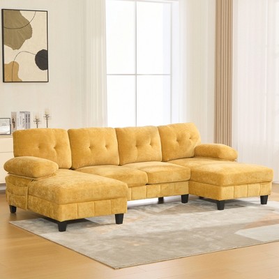 SKRAN Modern U-Shaped Sectional Sofa 103.5" Chenille Fabric Couch with Dual Chaise Lounges, Storage Pockets and Armrest Pillows for Living Room