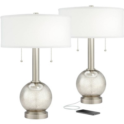 Possini Euro Design Modern Table Lamps Set of 2 with USB Port Nickel Mercury Glass White Drum Living Room Bedroom House Bedside