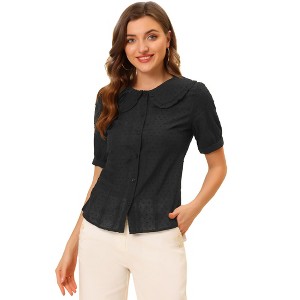 Allegra K Women's Peter Pan Collar Swiss Dots Short Sleeves Button Front Shirt - 1 of 4