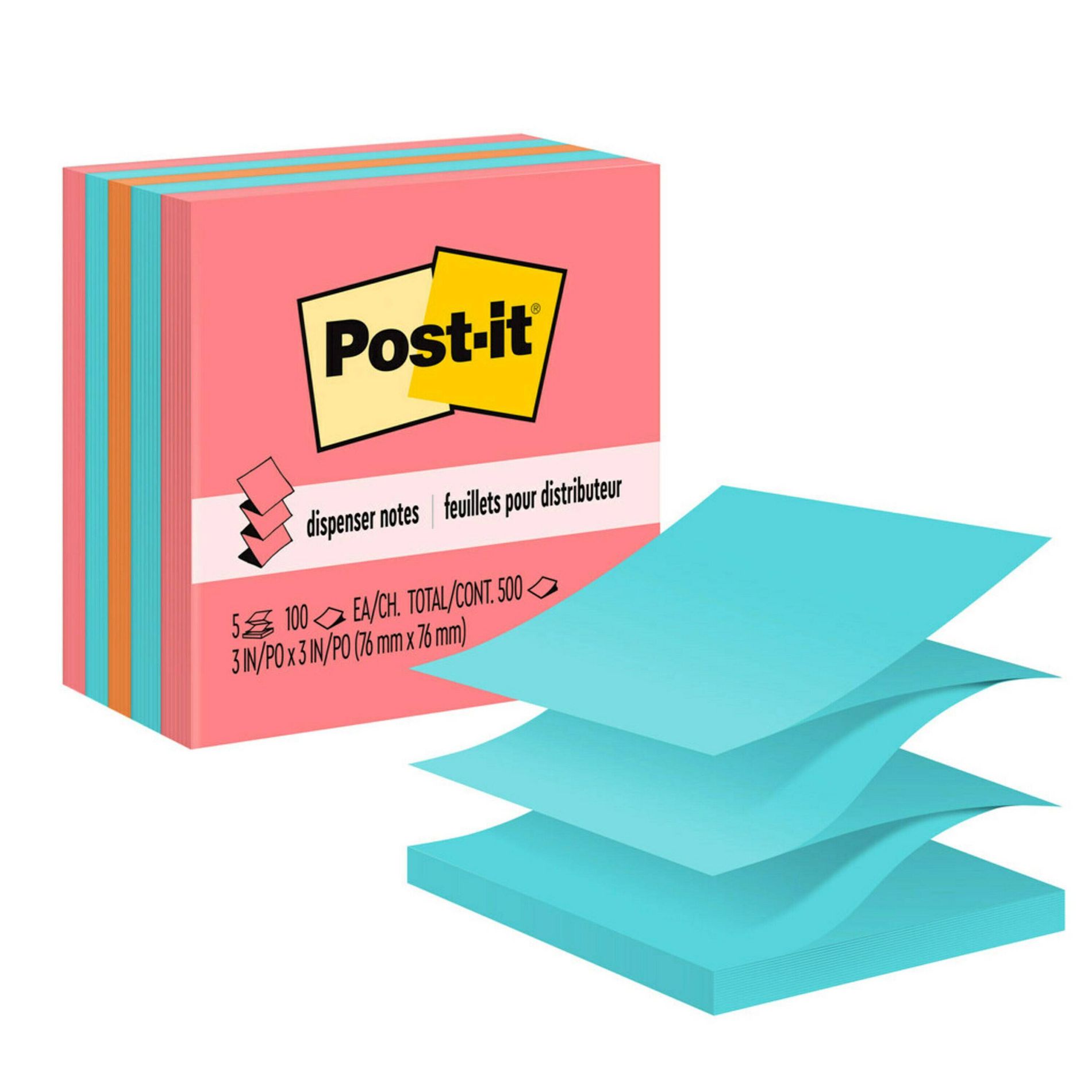 Post-it 5pk 3" x 3" Pop-Up Notes 100 Sheets/Pad - Neon: Accordion Sticky Notes, Multicolor, Uncoated Paper, Art & Design