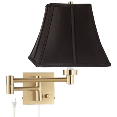 Barnes and Ivy Modern Swing Arm Wall Lamp Warm Antique Brass Plug-In Light Fixture Black Square Shade Bedroom Living Room Reading