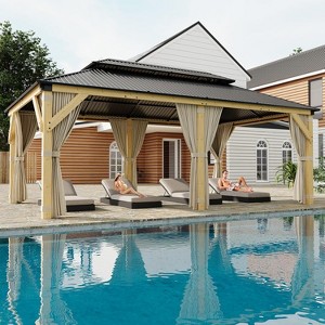 12' x 20' Outdoor Wood Gazebo, Hardtop Gazebo Permanent Wooden Pavilion with Galvanized Steel Double Roof, for Patio, Garden, Backyard, Cedar Wood - 1 of 4