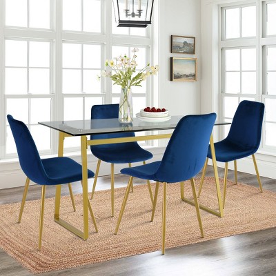 Mona+Bingo 5 Piece Gold Rectangular Clear Tempered Transparent Glass Table with 4 Upholstered Side Chairs-Maison Boucle