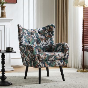 Polyester Upholstered Wingback Armchair with Button-Tufted Back, Ergonomic Cushion and Oak Wood Legs - 1 of 4