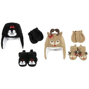 Hudson Baby Infant Girls 6Pc Trapper Hat, Mitten and Bootie Set, Girls Penguin Girls Reindeer - 1 of 3