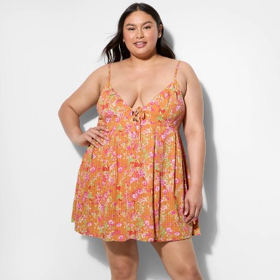 Women's Mini Pleated Babydoll Dress - Wild Fable™ Orange Floral