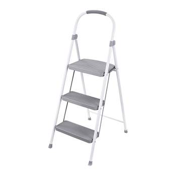 Rubbermaid 3 Step Folding Ladder Steel Step Stool with 225 Pound Capacity, Rubber-Padded Feet, Locking Mechanism and Hand Grip, White