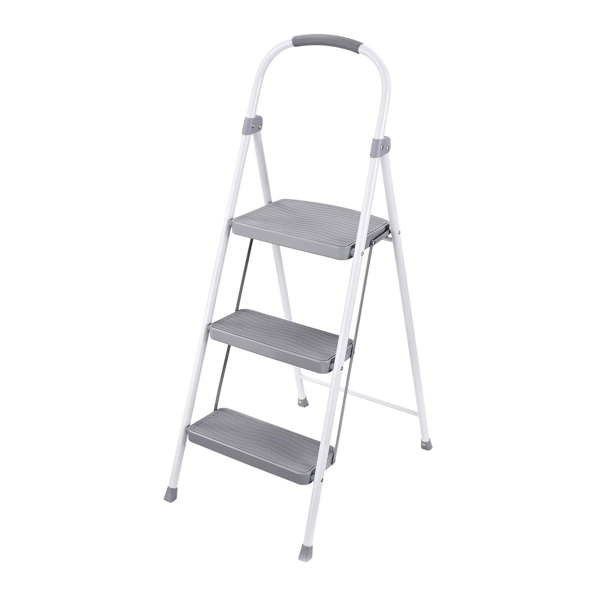Rubbermaid 3 Step Folding Ladder Steel Step Stool with Rubber-Padded Feet, Locking Mechanism and Hand Grip, White