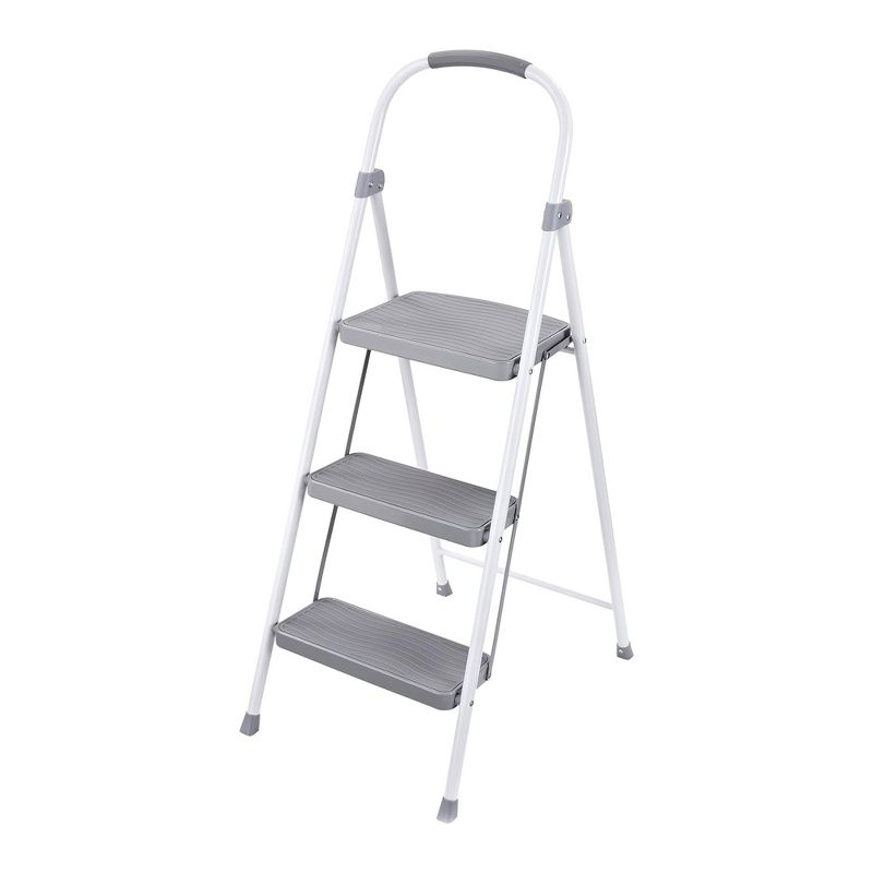 Rubbermaid 3 Step Folding Ladder Steel Step Stool with 225 Pound Capacity, Rubber-Padded Feet, Locking Mechanism and Hand Grip, White, 1 of 7