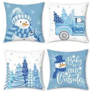 Blue Snowman Christmas Throw Pillow Covers 18x18 Inch Winter Xmas Trees Truck Snowflakes - 1 of 4