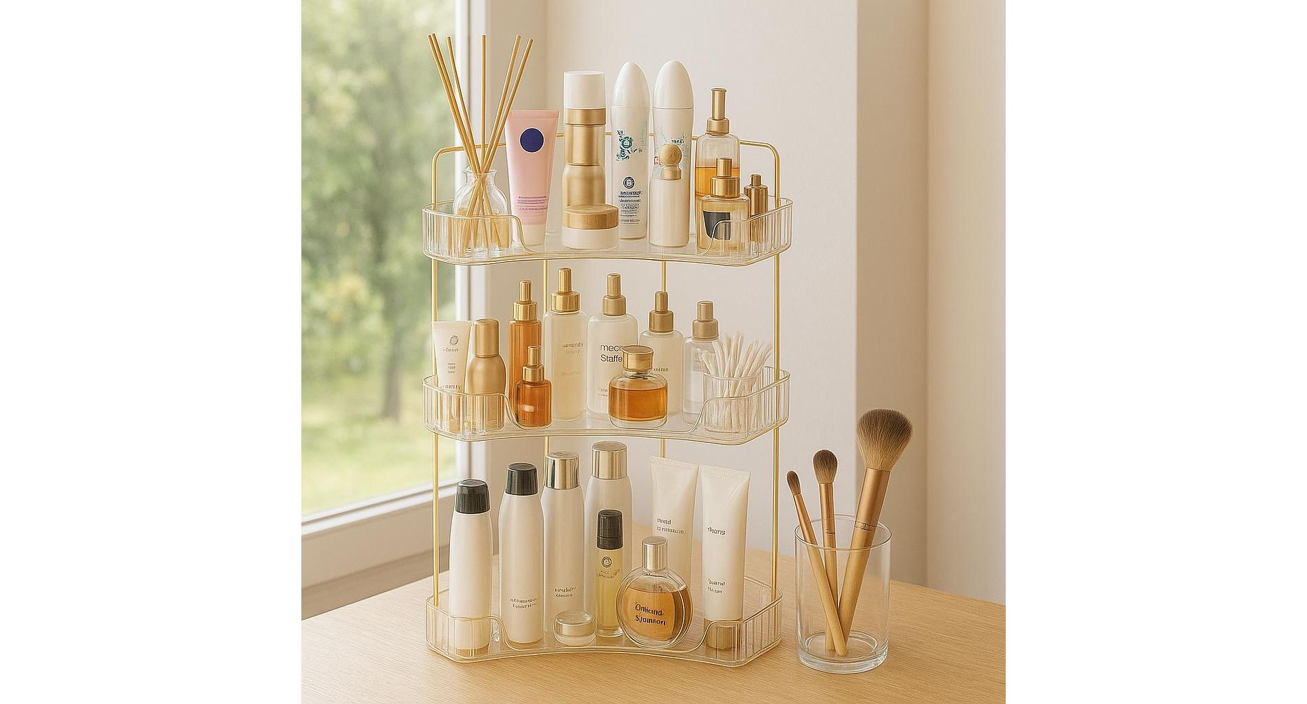 Zeus & Ruta 3-Tier Corner Bathroom Counter Organizer, Clear Vanity Shelf for Makeup & Skincare Storage