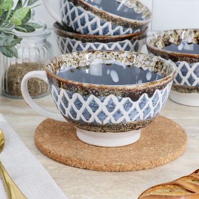 Gray and Brown Ceramic Soup Bowls with Handles, Set of 6