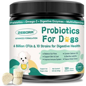 ZEBORA Dog Probiotics – 6billion CFUs with digestive enzymes, prebiotics, omega-3 & 6, vitamins for gut health, digestion & immunity – 120 chews - 1 of 4