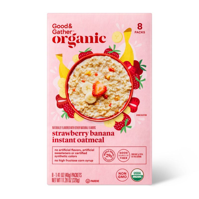 Organic Banana Strawberry Naturally Flavored with other Natural Flavors Instant Oatmeal - 11.28oz - Good &#38; Gather&#8482;, 1 of 4