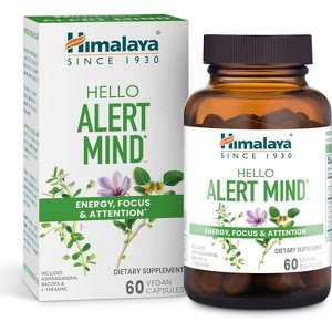 Himalaya Hello Alert Mind with L-Theanine, Ashwagandha, Bacopa, Vitamin B6 & B12, for Energy, Focus & Attention, Vegan, Gluten Free, 60 Capsules - 1 of 4