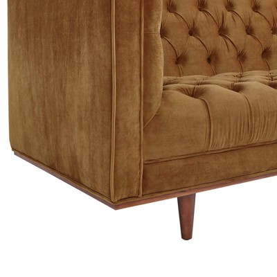 Cognac Tufted Faux Leather Sofa with Track Arm and Wood Frame