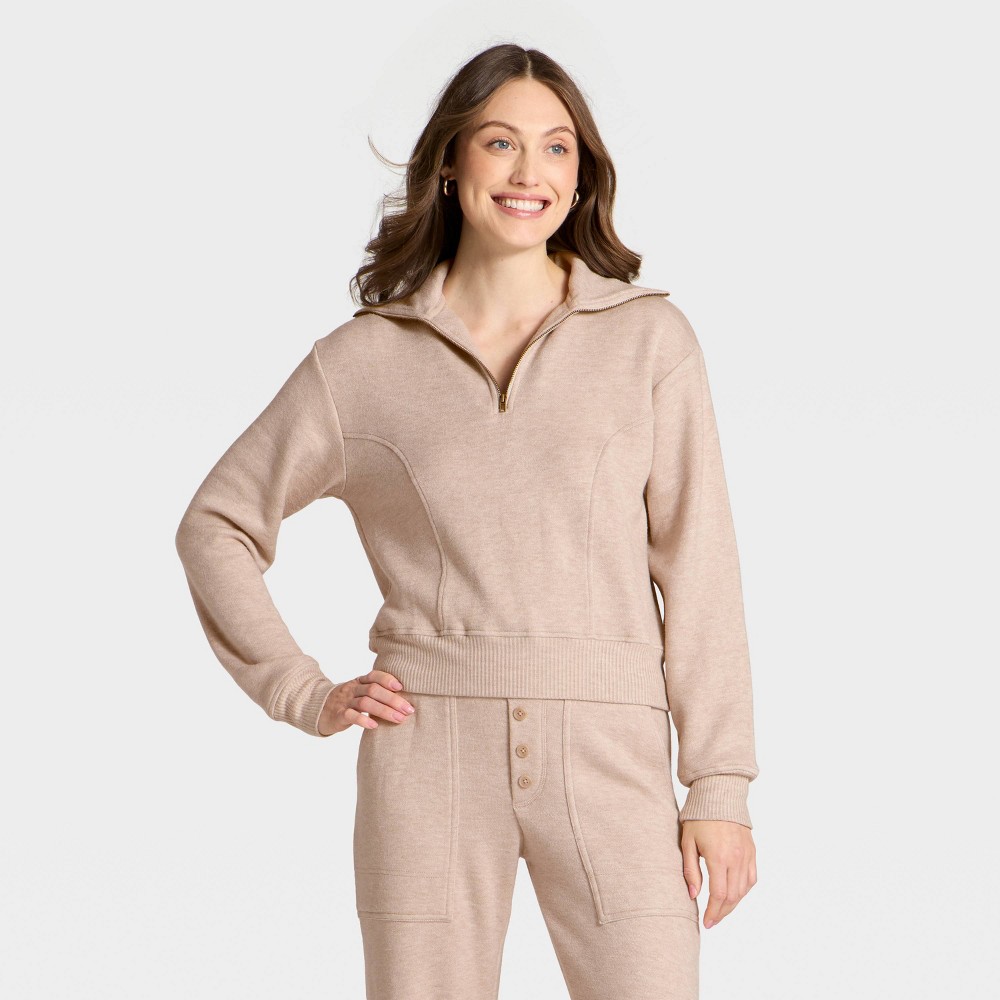 Women's Quarter Zip Pullover Sweatshirt - Universal Thread™ Heather Oatmeal M