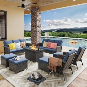 Patio Furniture Set 9 Peices with 44" Propane Gas Fire Pit Table, Outdoor Sectional Furniture Conversation Sofa Set with Cushion for Porch Backyard - 1 of 4
