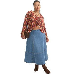 June + Vie by Roaman's Women's Plus Size Fit-And-Flare Denim Midi Skirt - 1 of 4