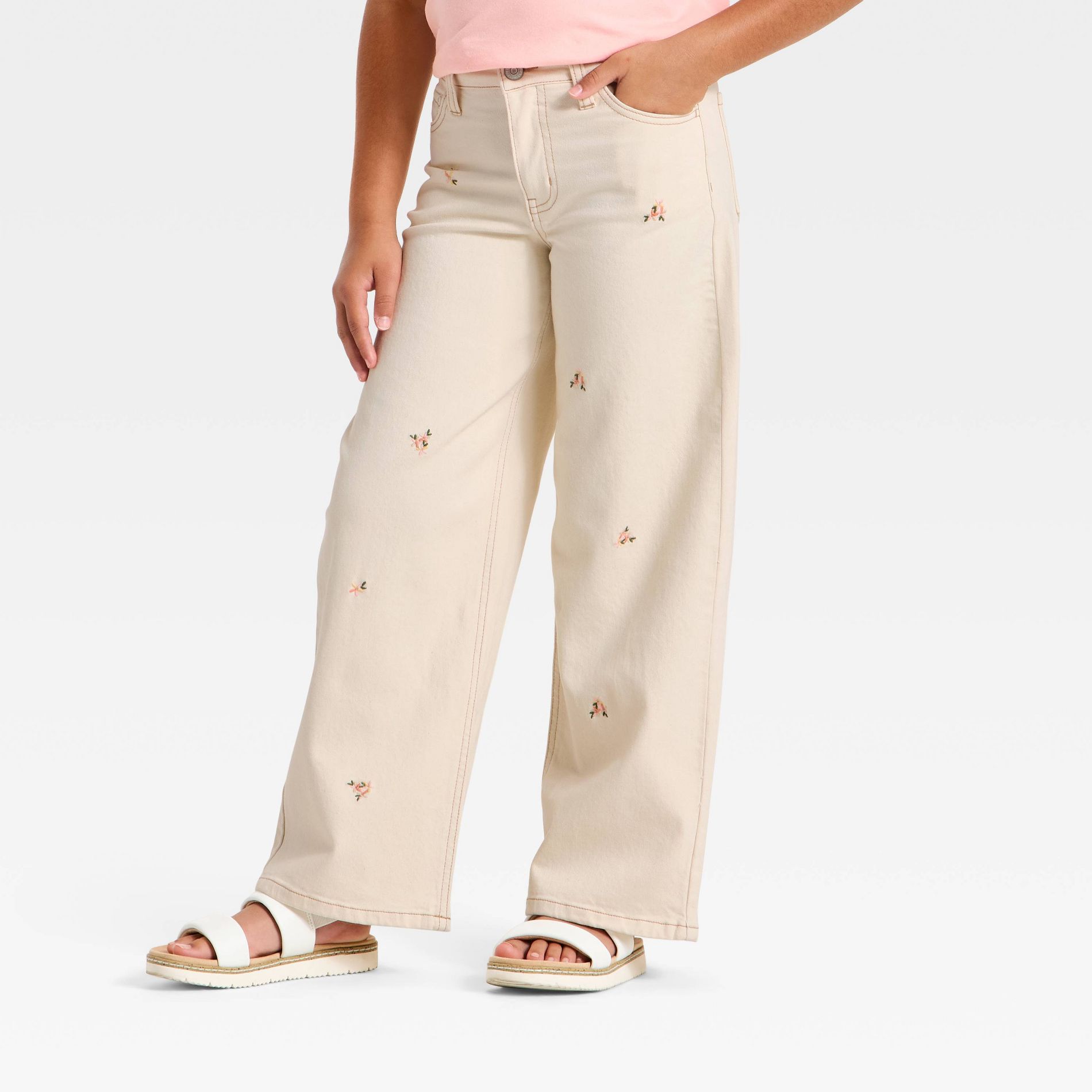Girls' Wide Leg Floral Jeans - Cat & Jack™ Cream