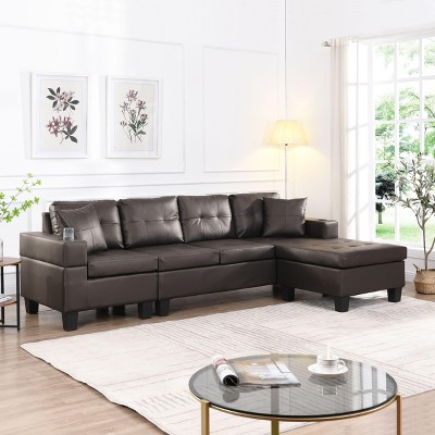 CAVINAS 96 Inch Sectional Sofa for Living Room with L Shape Chaise Lounge,4 Seats,Convertible Modular Couch with Cup Holder,2 Pillows,Dark Brown