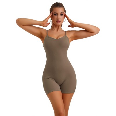Allegra K Women's V Neck Sleeveless No Show Cami Unitard Adjustable Spaghetti Strap Rompers Sling Shorts Body Shapers