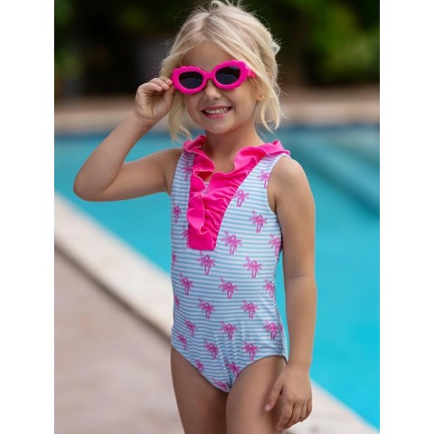 Mia Belle Girls Palm Tree Breeze Ruffle One-Piece Swimsuit Mia Belle Girls, Multicolor, 10-12