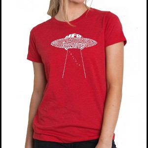 LA Pop Art Women's Premium Blend Word Art T-shirt - Flying Saucer UFO - 1 of 4