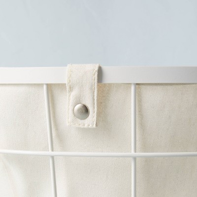 Cream Wire and Fabric Laundry Hamper with Wheels