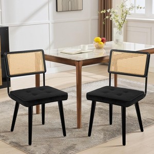 Modern Boho Rattan Dining Chairs Wood Back & Legs,– 330LB Capacity, Rubberwood Frame & PU/Velvet Upholstery, Upholstered Seat (Black/Brown/Green) - 1 of 4