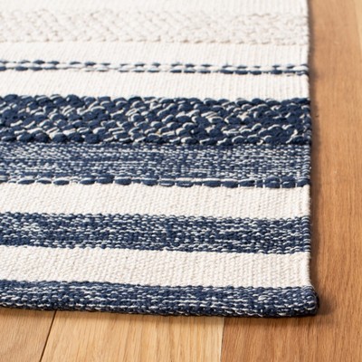 Ivory and Navy Striped Kilim 5' x 8' Handwoven Wool Rug