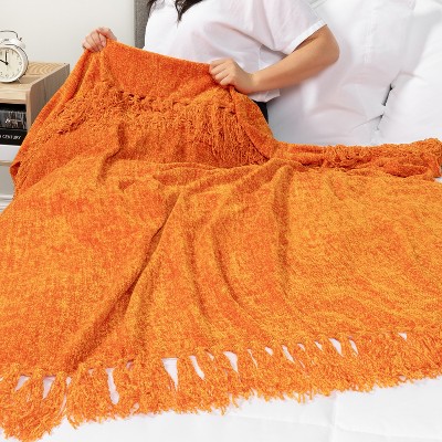 Orange Chenille Knitted Throw Blanket with Tassel Fringe