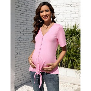 Maternity V-Neck Button Down Knot Front Shirt Nursing Short Sleeve Pregnancy Top for Women - 1 of 4