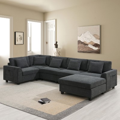 Whisen Modern Chenille U-shaped Sectional Sofa with Oversized Ottoman, Hidden Armrest Storage and Cup Holders, USB Charging Ports