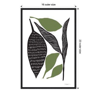 Modern Black and Green Leaf Canvas Print with Black Frame 16 x 23 Inches