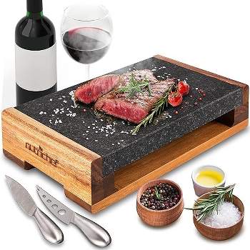 Nutrichef Cooking Stone Grill Set - Hot Lava Rock Sizzling Plate for Steak BBQ & Meat Grilling with Stainless Steel Knives