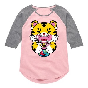 Girls' - Instant Message - Tiger Ramen Shirt Tail Raglan Graphic T-shirt - 1 of 4