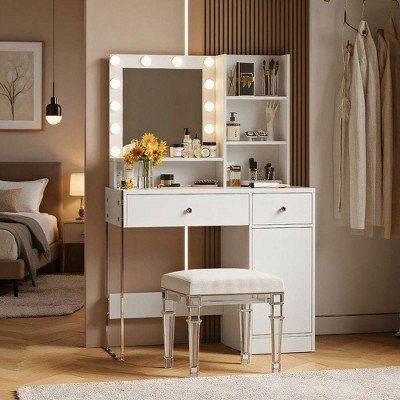 Resenkos Vanity Desk with Mirror and 3 Lighting Modes, Makeup Vanity with Glass Top and Storage Shelves,