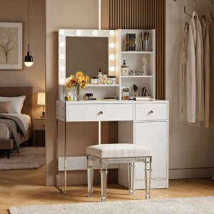 Resenkos Vanity Desk with Mirror and 3 Lighting Modes, Makeup Vanity with Glass Top and Storage Shelves, - 1 of 4