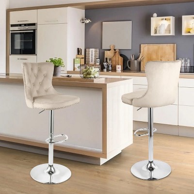 Khaki velvet bar stool set of two, swivel bar height stool, adjustable bar chair