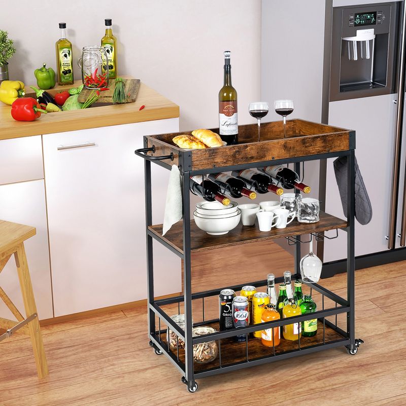 Costway 3-Tier Rolling Kitchen  Cart Serving Trolley Wine Rack Removable Tray, 5 of 11