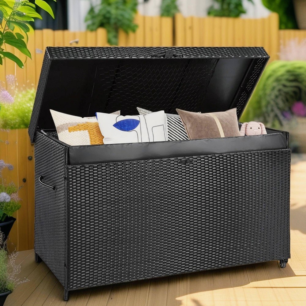 Nestfair 200gal Wicker Patio Deck Box with Lid and Wheels Black