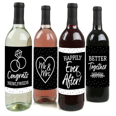 Big Dot of Happiness Mr. and Mrs. - Black and White Wedding or Bridal Shower Decorations for Women and Men - Wine Bottle Label Stickers - Set of 4