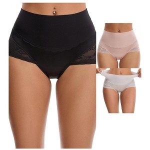 INSPIRE CHIC Women's Hi-Cut Satin High Waisted Lace Trimmed Tummy Control Underpants Briefs 3 Packs - 1 of 4
